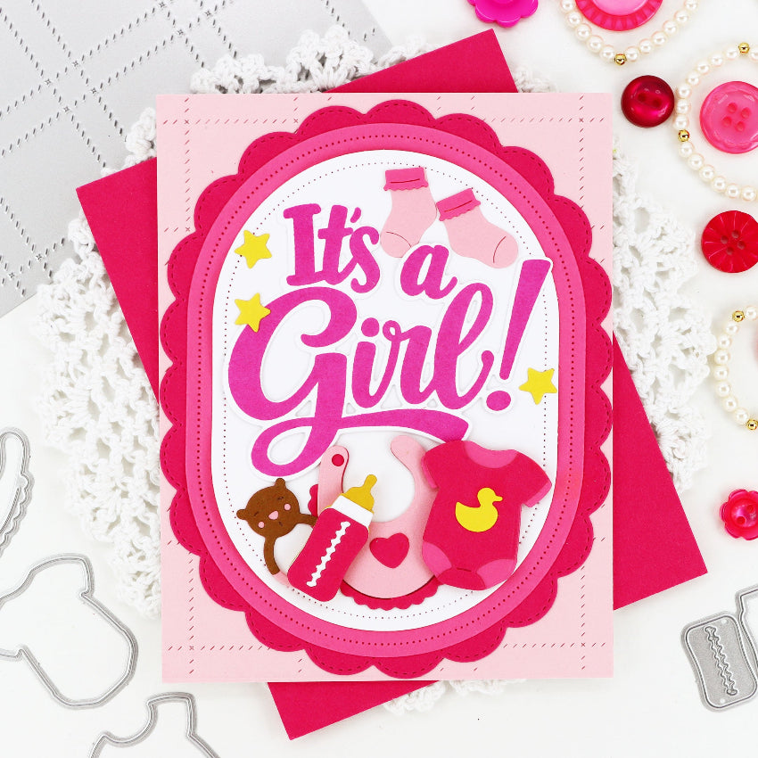 Waffle Flower Baby Announcement Sentiments Matching Dies 422528 pink red it's a girl card