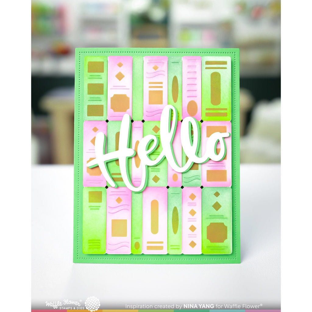 Waffle Flower Bookshelf Panel Die and Stencil Set hello