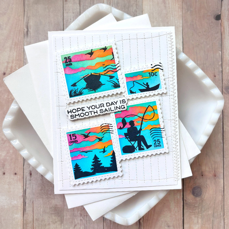 Waffle Flower Fishing Puns Matching Dies 422560 colorful postage stamp card