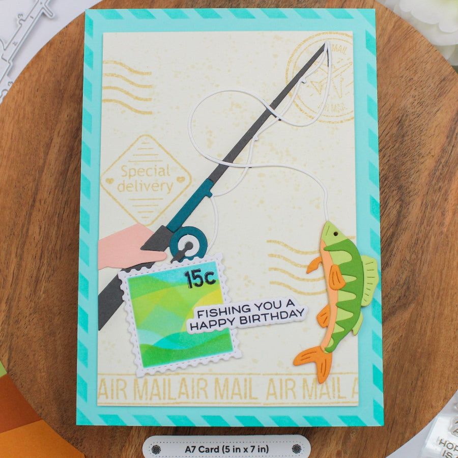 Waffle Flower Lake Scene Die-n-stencil and Reel In Die Set happy birthday card
