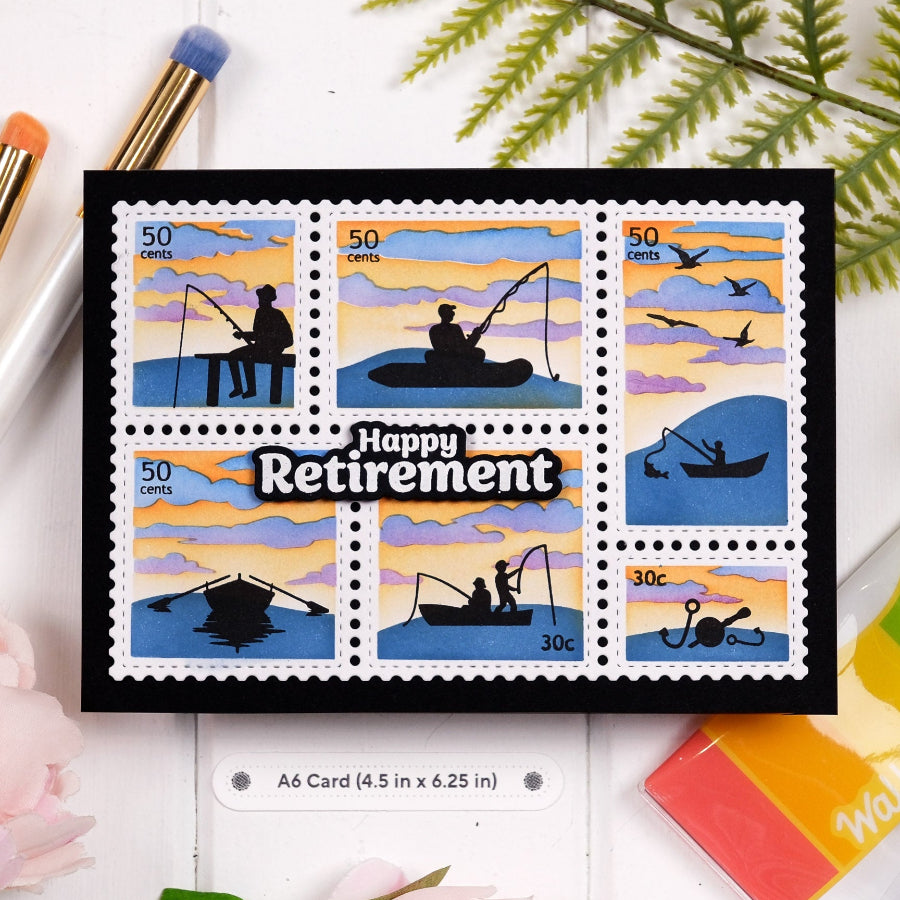 Waffle Flower Postage Collage A6 Airmail Stencils 422563 happy retirement card