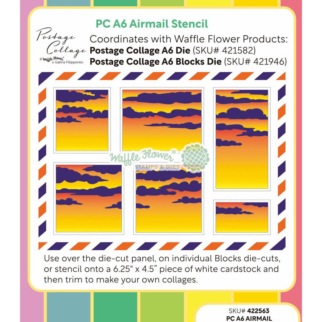 Waffle Flower Postage Collage A6 Airmail Stencils 422563 layering guide
