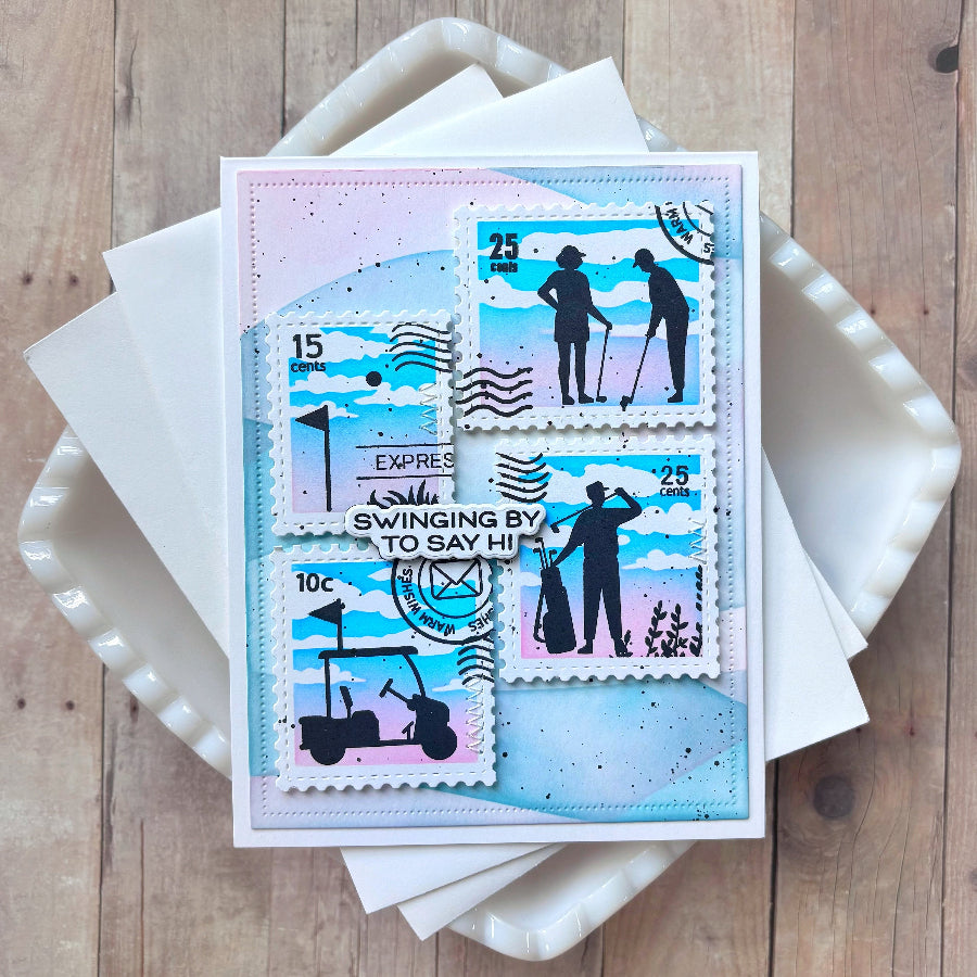 Waffle Flower Postage Collage A7 Airmail Stencils 422564 swinging by to say hi card