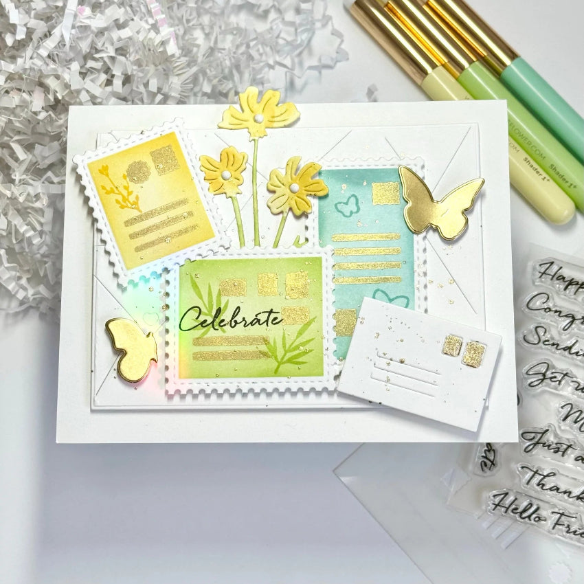Waffle Flower Postage Collage Butterfly Silhouettes Dies 421997 gold