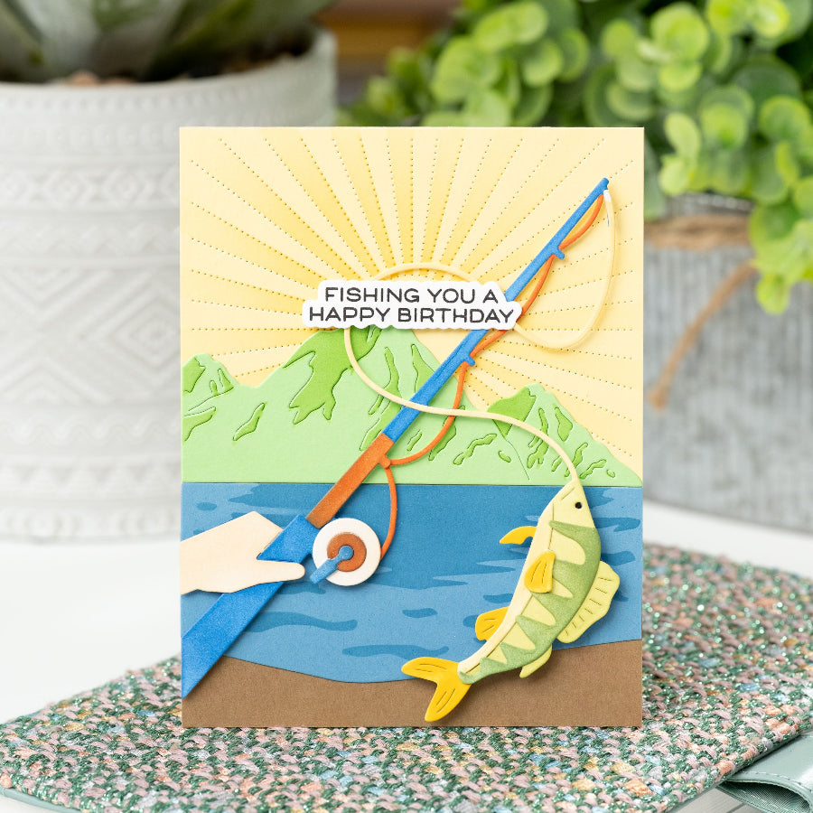 Waffle Flower Waffle Flower Fishing Puns Clear Stamp and Die Set mountains background card