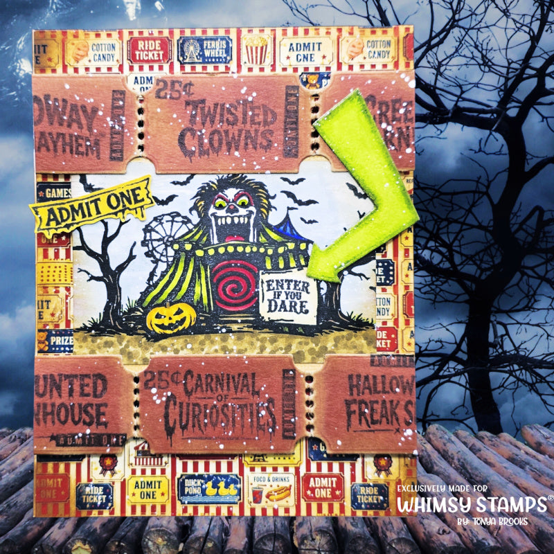Whimsy Stamps Creepy Carnival Funhouse Clear Stamps cwsd466a admit one halloween card