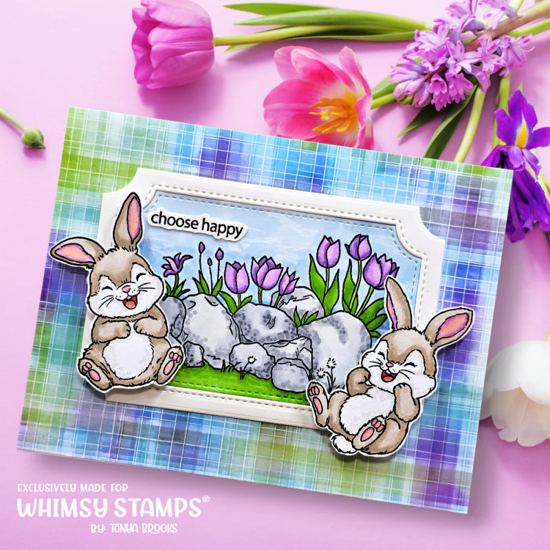 Whimsy Stamps Funny Bunnies Clear Stamps c1293a rocks and tulips