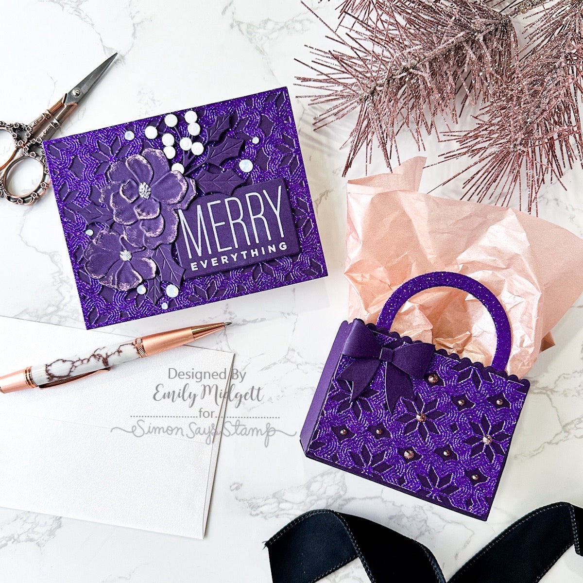 Simon Says Embossing Folders and Cutting Dies Woodland Floral Frame sfd425 DieCember Christmas Card and Gift Bag