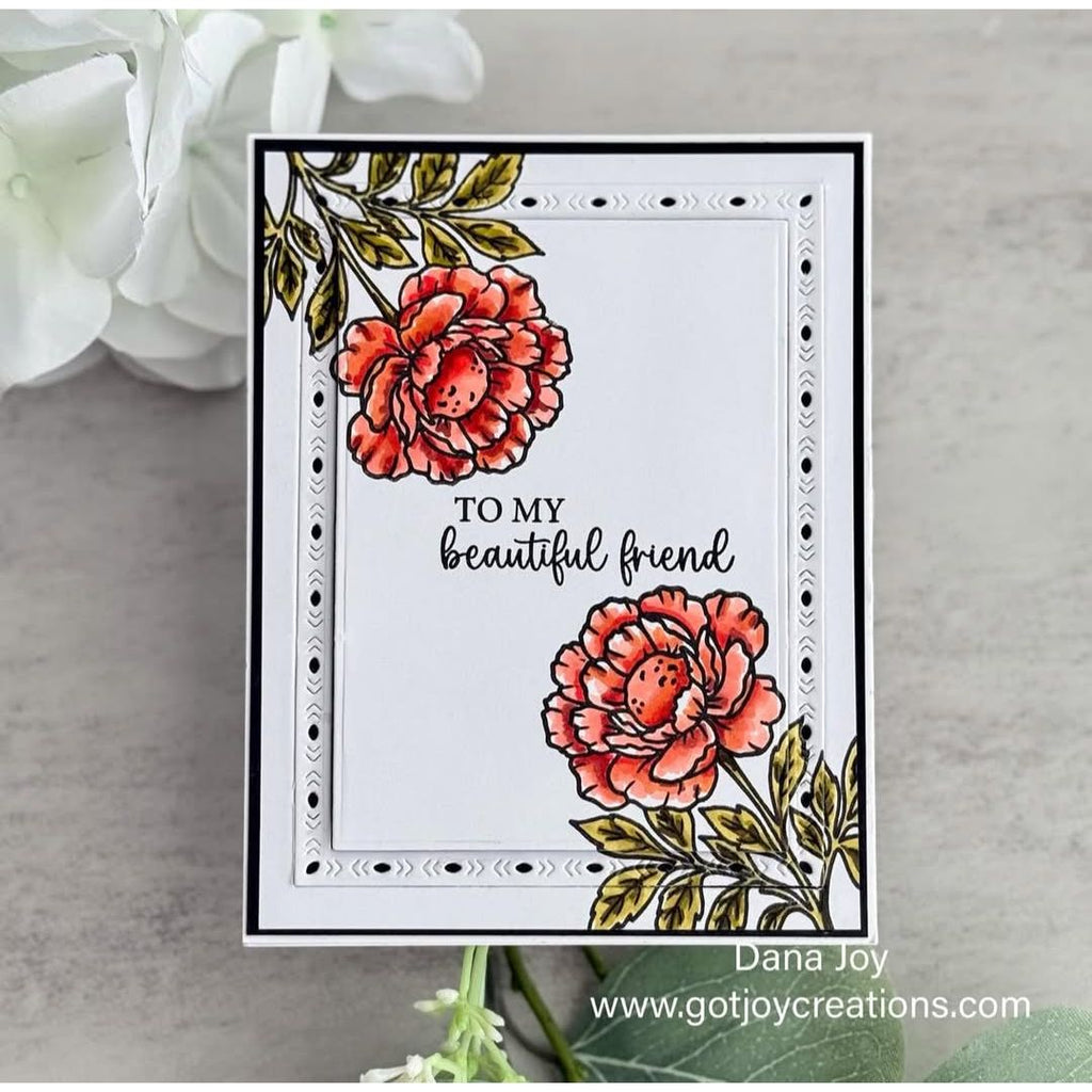 Greeting card with red flowers and text 'To my beautiful friend' on a gray background