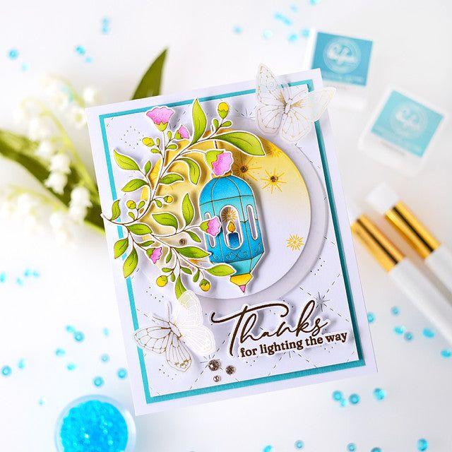 Pinkfresh Studio Lantern Botanicals Stencil Set 219724 Thanks For Lighting The Way Card | color-code:ALT01