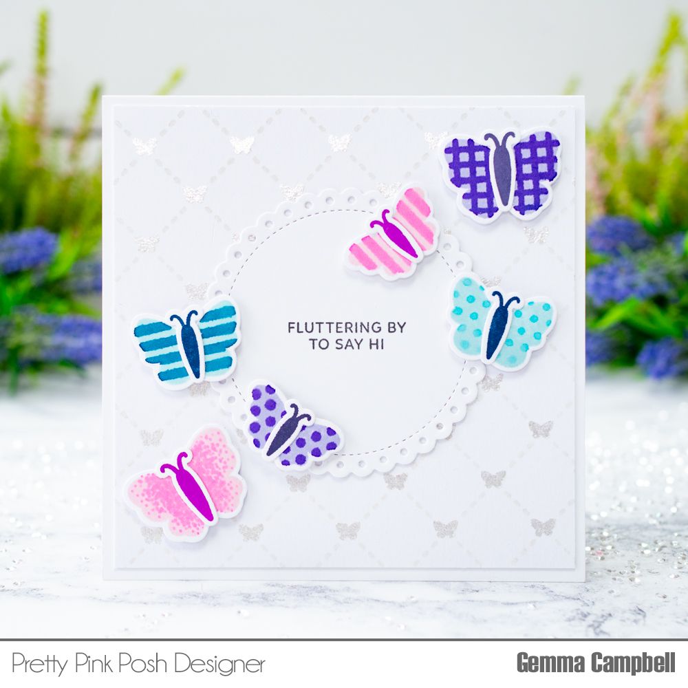 Pretty Pink Posh Decorative Butterflies Clear Stamp and Die Set fluttering by