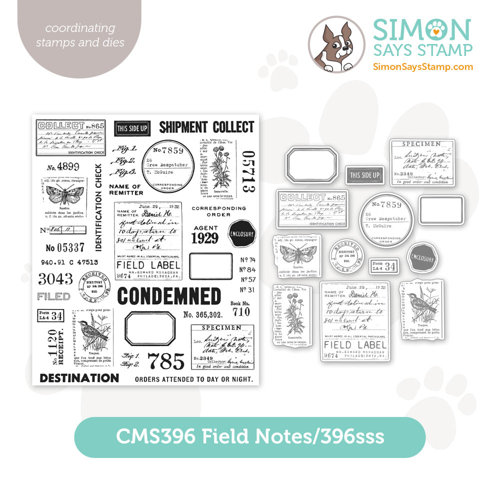 Simon Says Stamp coordinating die plus Tim Holtz cling stamp set bundle field notes and journal note label bird butterfly flower enclosure shipment