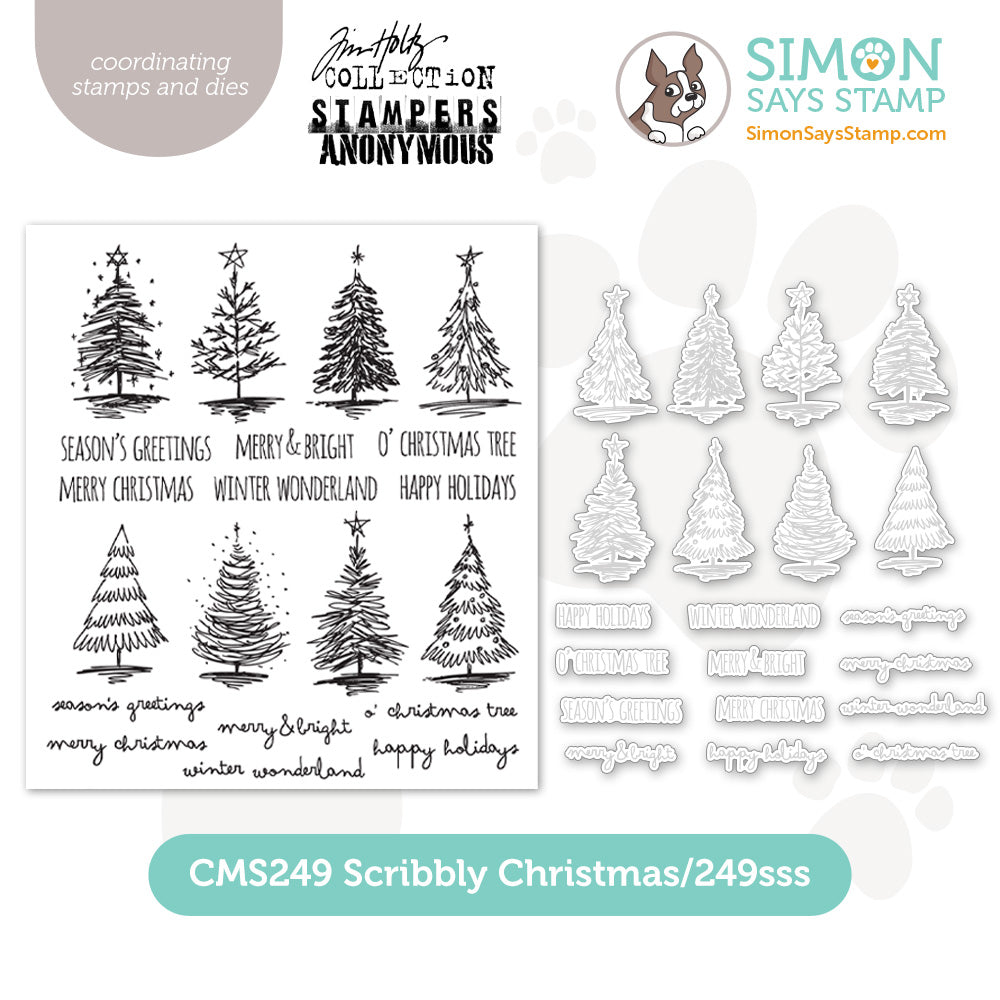 Tim Holtz Scribbly Christmas Stamps with Simon Says Stamp Dies Bundle setsc25