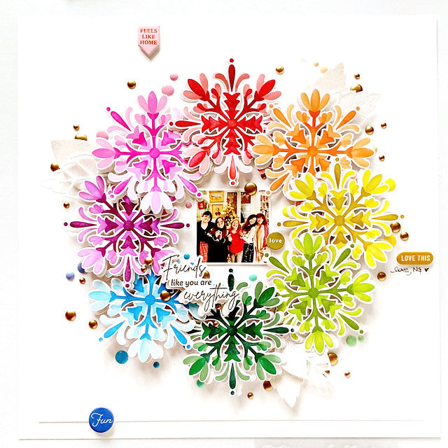 Pinkfresh Studio Folk Snowflake Dies 209023 Rainbow Snowflakes Card
