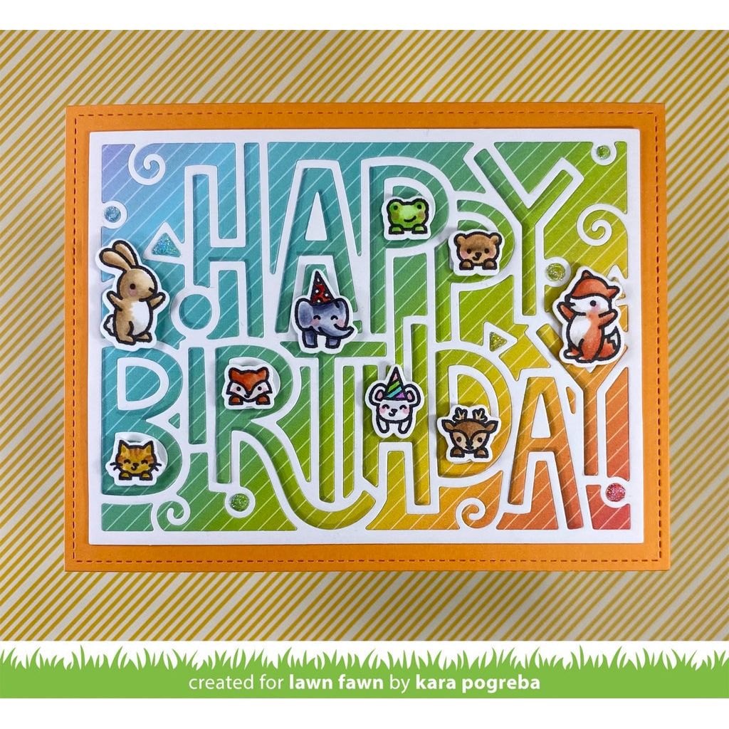Lawn Fawn Landscape Giant Outlined Happy Birthday Die lf3103 rainbow tiny critters card